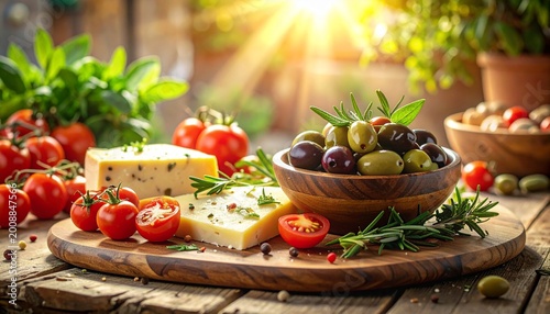 Mediterrane Antipasti auf rustikalem Holzbrett