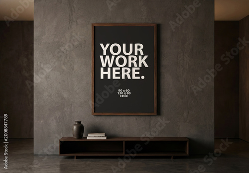 Vertical poster in wooden frame mockup in dark minimalist interior