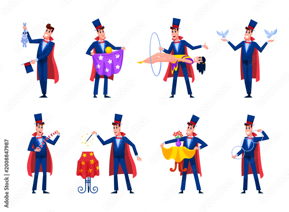 Fototapeta premium Cartoon illusionist. Magician magic trick, conjurer in hat with wand stick spell circus stage showman costume man performer suit card rabbit tricks qualitative vector illustration