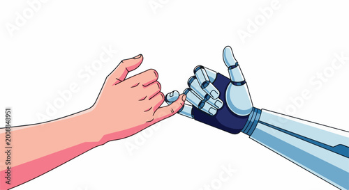 Human and robot pinky fingers interlocked, symbolizing trust and future connection