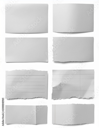Set of ripped and torn white paper scraps, blank note pieces with shadows isolated on white background, generative AI