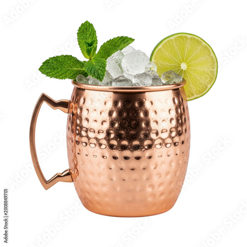 A refreshing moscow mule cocktail served in a traditional hammered copper mug with lime and mint isolated on transparent background