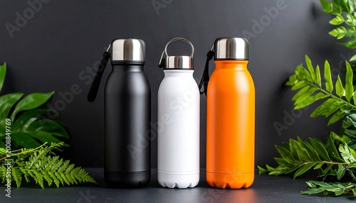Three colorful insulated bottles with metallic lids sit against a dark backdrop, framed by vibrant green foliage