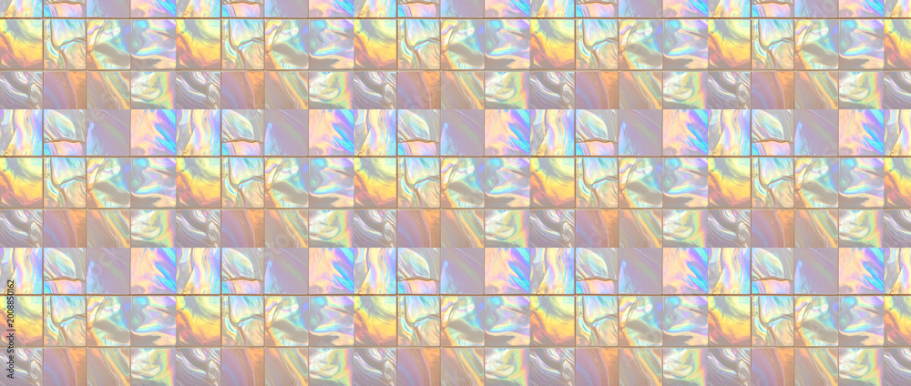 Fototapeta premium Seamless texture banner of square mother of pearl mosaic tiles with iridescent pink and white reflections