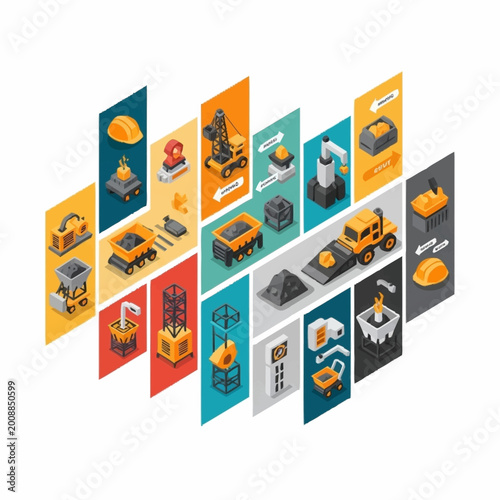 Foto Isometric illustration of mining industry equipment and processes, showing extraction, transport, and processing