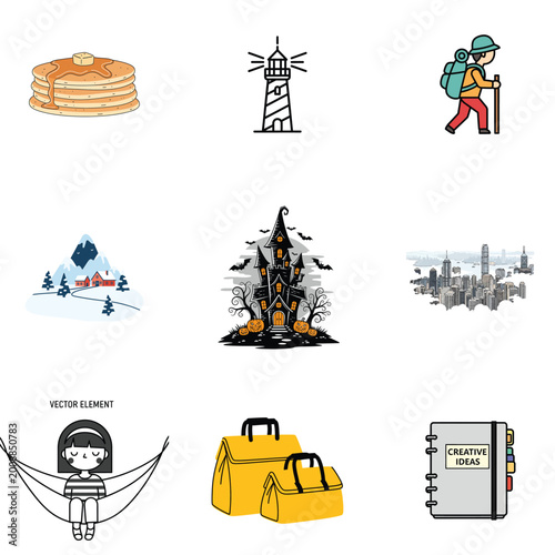 Digital collage of diverse travel food and lifestyle vector icons
