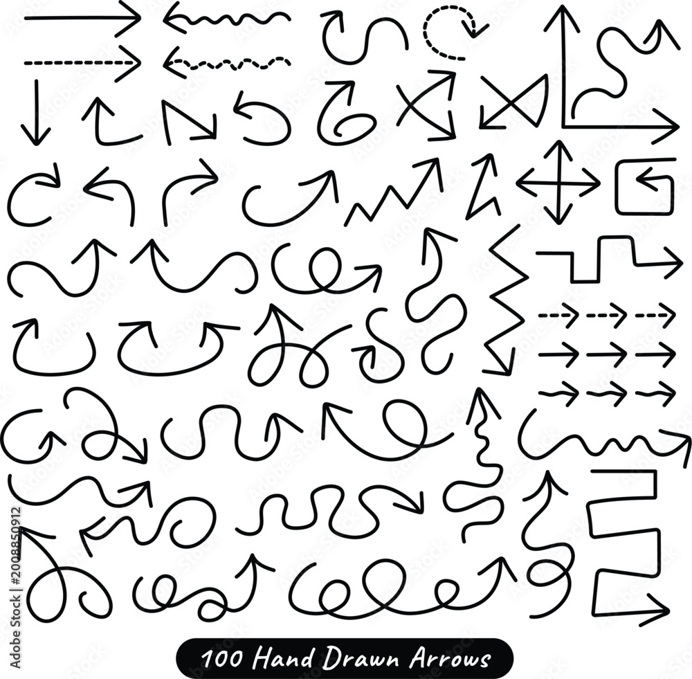 Fototapeta premium 100 Hand Drawn Arrows Vector Pack, Doodle Scribble Direction Elements