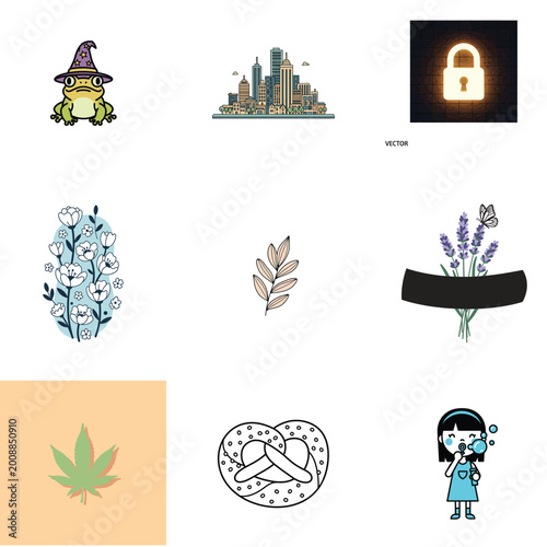 Abstract Vector Art of Wizard Frog and Cityscape with Grid Pattern