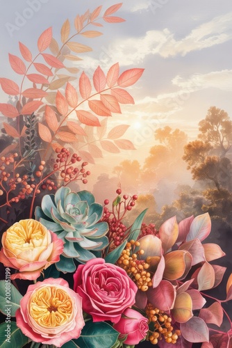 Floral composition with roses succulents and leaves against soft landscape background in warm pastel tones creating elegant romantic atmosphere