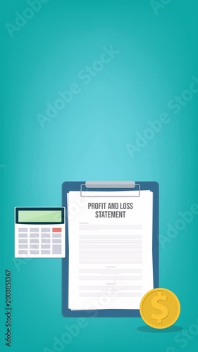 Profit And Loss Financial Report Accounting Business Finance Concept Animation With Calculator And Document