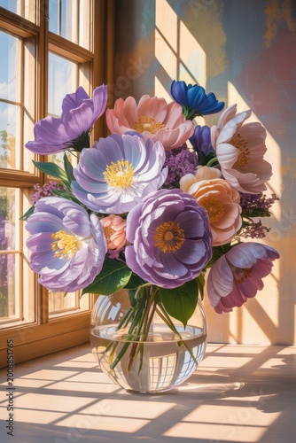 Colorful flower bouquet in glass vase by window with soft sunlight and shadows cozy interior floral still life