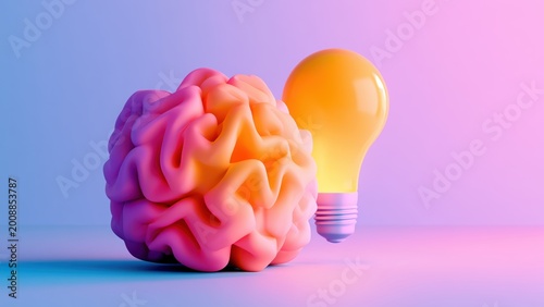 Vibrant Abstract Brain and Bright Idea Light Bulb Symbolizing Creativity and Intelligent Thought