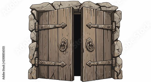 Rustic stone and wood double doors slightly ajar, revealing darkness beyond
