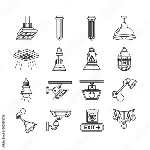Collection of various industrial and residential lighting fixtures in a clean outline style