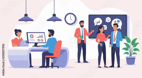 Office workers in a meeting room discussing charts and graphs while one presents data