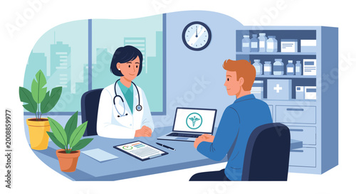 Doctor consulting with a patient in a medical office professional healthcare consultation vector illustration, Generative AI.