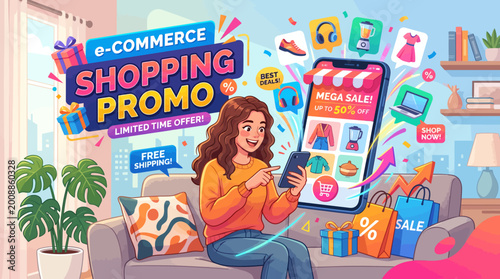 Cheerful woman exploring vibrant e-commerce promotions and mega sales on her mobile phone from the comfort of her home, enjoying modern online shopping convenience