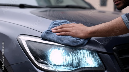 Man car wash cleaning wiping auto with rag closeup vehicle maintenance detailing service with water foam shine and professional care in outdoor washing environment