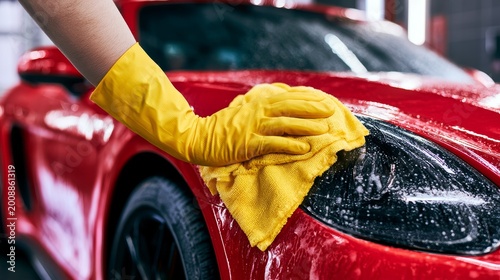 Man car wash cleaning wiping auto with rag closeup vehicle maintenance detailing service with water foam shine and professional care in outdoor washing environment