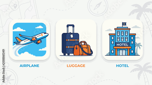 Collection of icons representing travel and accommodation airplane, luggage, and hotel building