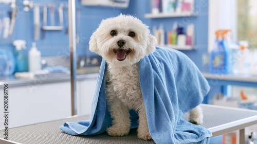 Small white dog grooming salon pet towel clean care table with tools background, cute canine bathing drying service hygiene grooming equipment and professional pet care environment