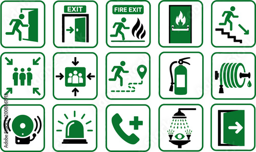 Photos Emergency Exit Safety Signs Set Fire Escape Evacuation Icons Vector