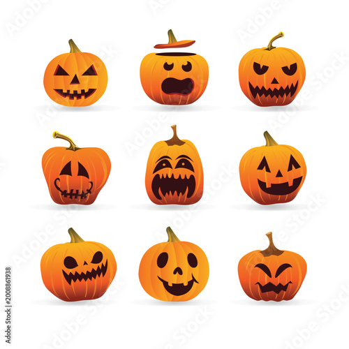 Fotografie Set of Halloween pumpkin characters with spooky carved faces and jack o lantern