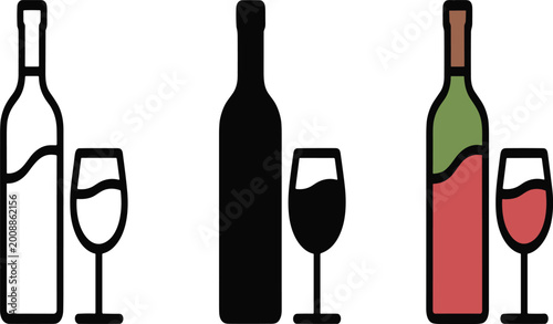 Fotografie Three wine bottles with glasses in minimal style white vector illustration EPS P