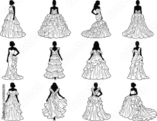 Photography Set of black and white sketches showing elegant wedding dresses in various style