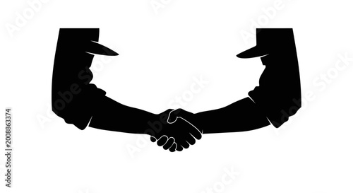 A vector illustration celebrating Cesar Chavez Day shows a powerful black silhouette design of two farmworker characters shaking hands, symbolizing unity and the United Farm Workers