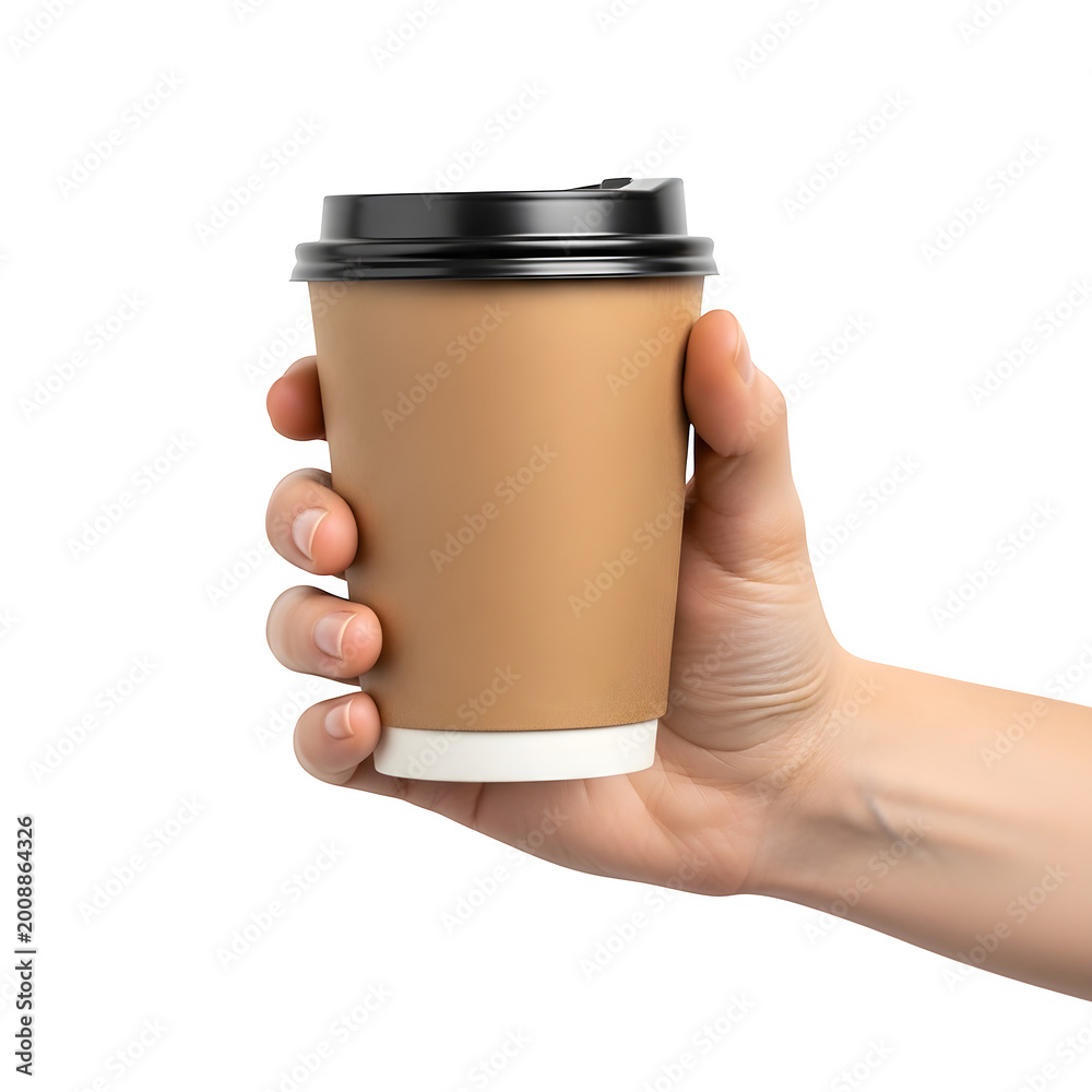 Fototapeta A hand holding a brown paper coffee cup with a black lid for takeaway drinks isolated on transparent background