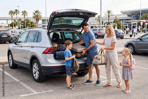 Family unloading luggage from car at airport parking, summer vacation travel