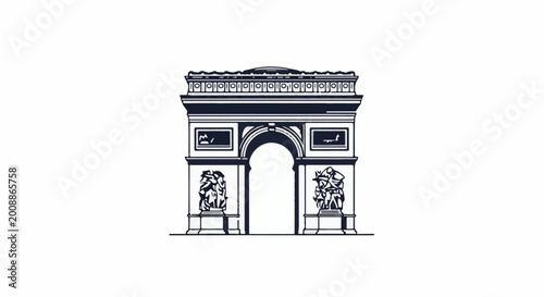 Stylized monochrome illustration of a grand triumphal arch with intricate sculptures and ornate detailing