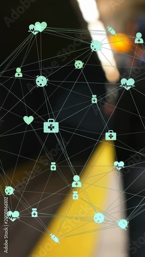 Vertical video: Pan starting mint-green AR web drifting over blurred platform, showing health data