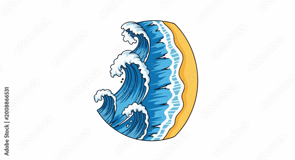 Obraz premium Stylized waves crash onto a sandy shore within a circular frame