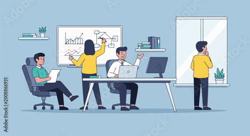 Team working in an office, presenting plans on a whiteboard