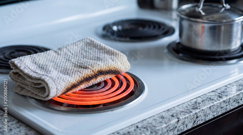 Burnt towel smoking on a red hot electric stove burner. Dangerous kitchen situation causing potential household fire. Household accidental hazard concept for fire safety prevention.