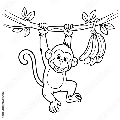 Cute cartoon monkey hanging from a tree branch with a bunch of fresh yellow bananas for a fun jungle animal coloring page activity for kids and toddlers to enjoy