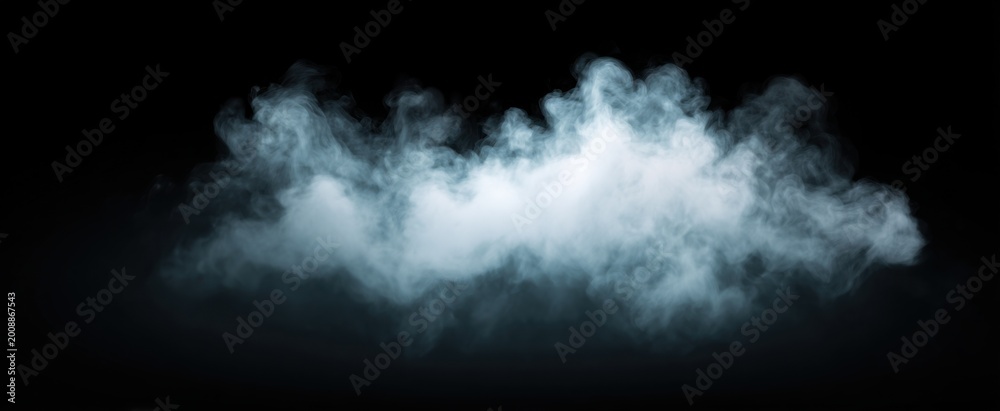 Fototapeta premium Eerie white smoke plume against a black background creates a haunting atmosphere. Transparency available.