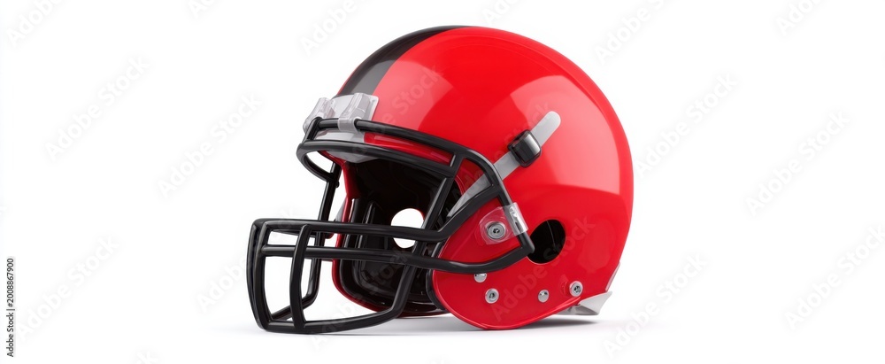 Fototapeta premium Bright red football helmet with visor a safety essential for athletes on white backdrop