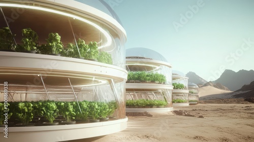 Futuristic hydroponic farm domes in desert landscape with sustainable greenery