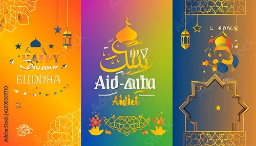Three colorful vertically oriented greeting card designs with floral and geometric accents, lamps, stars, and calligraphy with a gradient background
