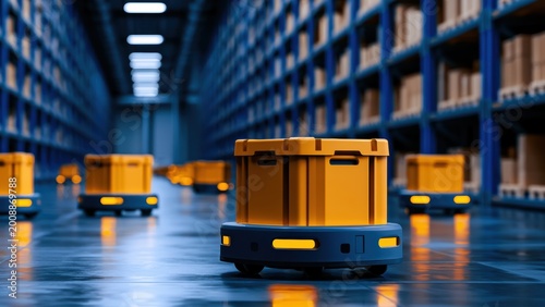 Intelligent autonomous robots efficiently manage inventory within a vast, high tech industrial storage facility.