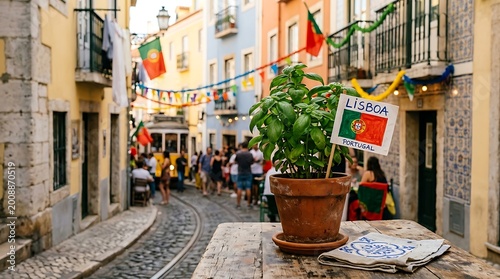 Potted basil plant with Portugal flag on Lisbon street with tram terracotta