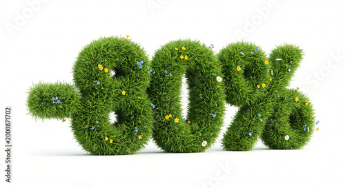 Eye-catching 3D render of a -80% discount sign crafted from lush green grass and adorned with delicate blooming wildflowers. For spring and summer seasonal sales, promotional offers