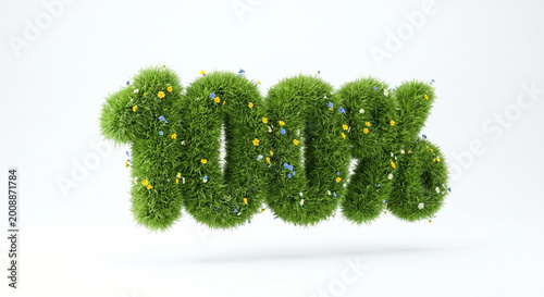 100 percent symbol made of green grass and blooming wildflowers isolated on white background, conceptual 3D illustration for organic, halal, and vegan product quality guarantee.