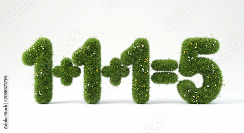 1+1+1=5 special offer sign made of green grass and spring flowers, isolated on white background, conceptual 3D illustration for seasonal retail promotions.