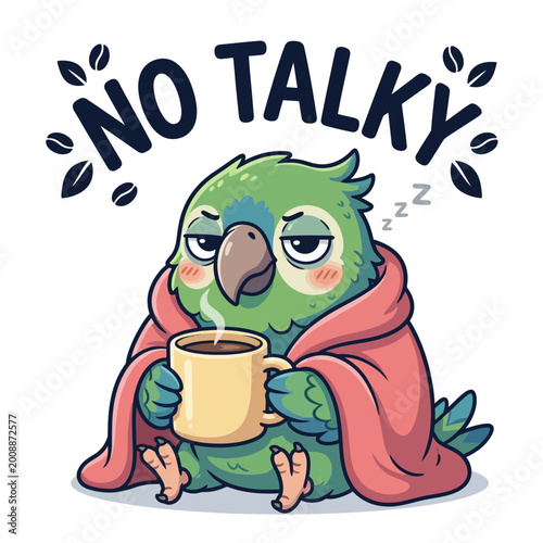 Sleepy green parrot with coffee.