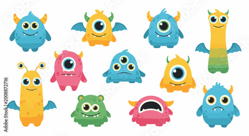A collection of ten colorful, cartoon-style monsters, each with unique features
