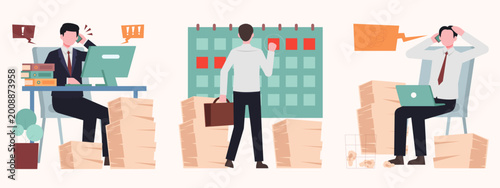 Fotografía Stressed office worker vector set, busy businessman managing heavy workload and
